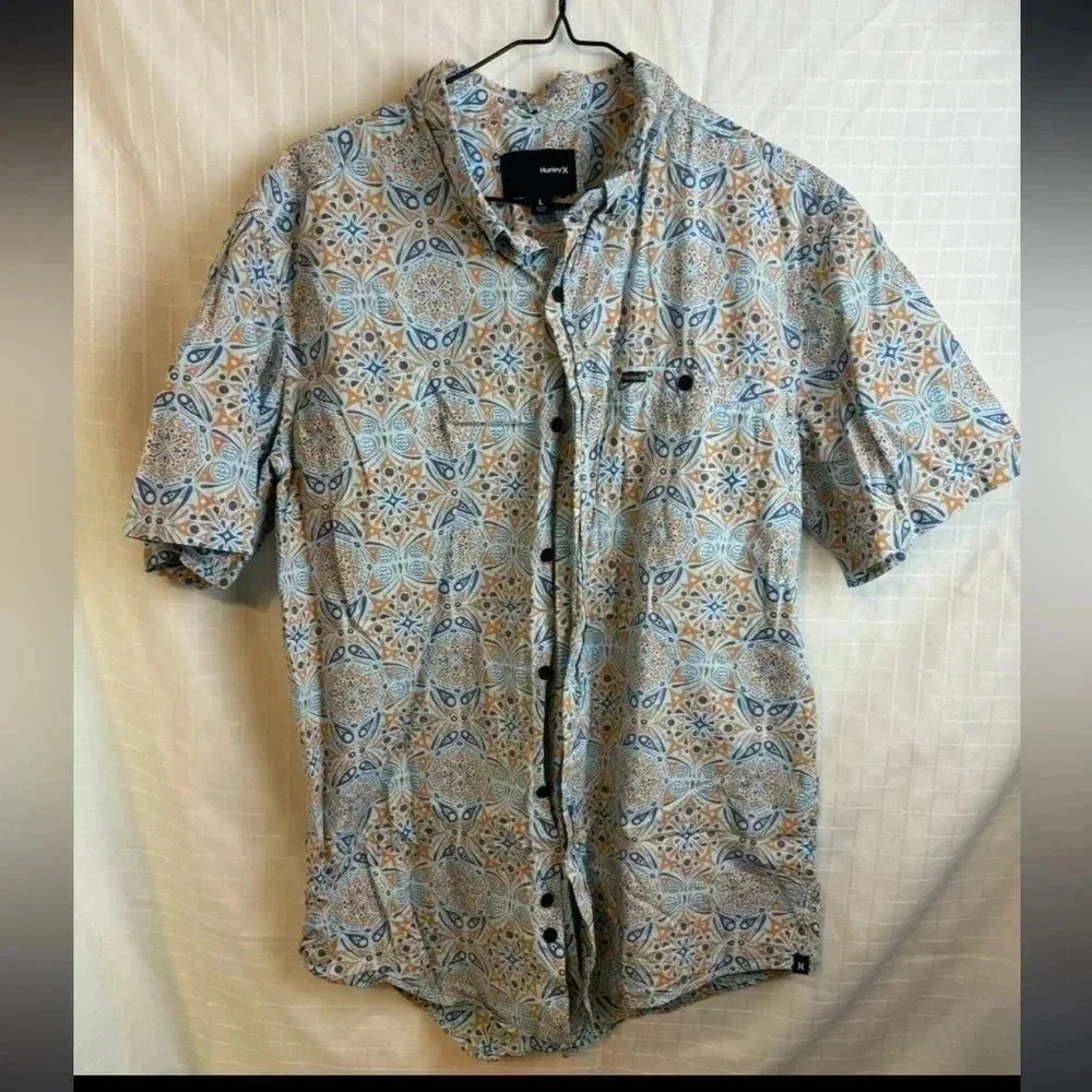 Hurley Shirt Mens Large Blue Orange Button Up Short Sleeve Surf Skate Collar